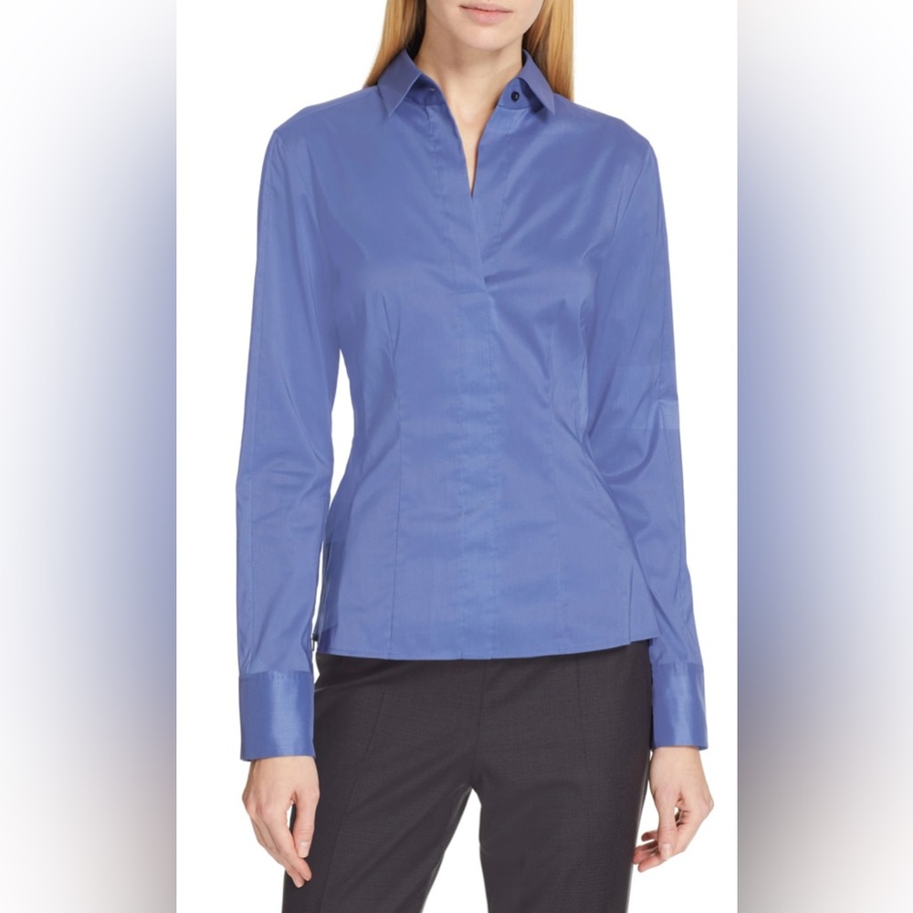 Hugo Boss "Bashina" Stretch Poplin Soft Blue Blouse with Side Zippers